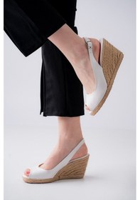 Resim Burnu Açık Arkası Bantlı Dolgu Topuk Beyaz Bayan Keten Hasır Espadril Beyaz 