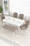 Resim Canisa Lav Serisi 80x130 Sabit Beyaz Mermer Desen Masa Takımı 4 Cappucino Sandalye Ve 1 Bench 