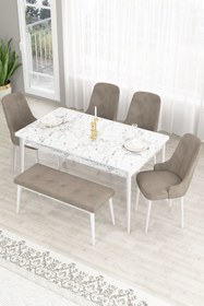 Resim Canisa Lav Serisi 80x130 Sabit Beyaz Mermer Desen Masa Takımı 4 Cappucino Sandalye Ve 1 Bench 