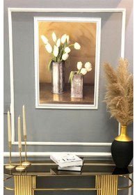 Resim Beyaz Lale Vazosu Desenli Dijital Baskılı Kadife Kumaş Çerçeveli Tablo Tbl0012 