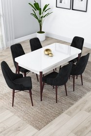 Resim Canisa Lia Serisi 80x132 Açılabilir Mutfak Masası Takımı Beyaz Ceviz Masa 6 Siyah Sandalye 