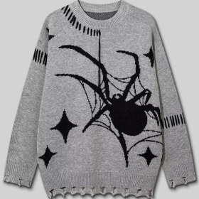 Resim Örümcek Y2K Streetwear Uzun Kol Örme Kazak - Gri / XL 