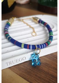 Resim Kedi Köpek Boyun Tasması Bohem Kedi Kolyesi Renkli Jelibon Ayıcık - Mavi 