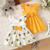 Resim 2 adet Kız Bahar/Yaz Elbise Seti, Rahat Çiçek ve Arı Baskılı Volanlı Kollu Elbise, Düz Renk Kurdele Elbise ile, Örgü Kumaş, Polyester %95 Spandex %5, Orta Esneklik, Düzenli Fit 