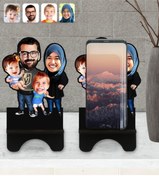 Resim Bk Gift Kişiye Özel Tesettürlü Aile Karikatürlü Ahşap Biblo Telefon Standı-3 