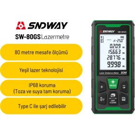 Resim Sndway SW-80GS Yeşil Lazerli 80 Metre Lazermetre Şarjlı ve IP68 Korumalı 