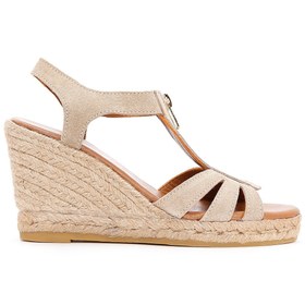 Resim Women's Beige Zippered Wedge Heels Suede Leather Espadrilles 