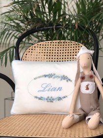 Resim Istanbul Serisi Mavi Dekoratif Bebek Yastığı - Pamuk Saten - Beyaz Biyeli / Bebek İsmi 