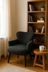Resim Modern Antrasit Teddy Kumaş Rahat Berjer Tekli Koltuk - Yumuşak Dokulu, Ahşap Ayaklı 