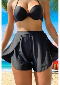 Resim Kadın Beyaz Deniz Havuz Şortu Etek Görünümlü Yırtmaçlı Şık Model İçte Bikini Slip 1110 Siyah 