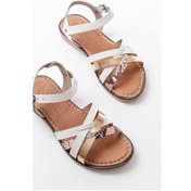 Resim 205-093 Beyaz Garni Hakiki Deri Ortopedik Taban Kadın Sandalet Çok Renkli 