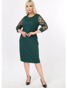 Resim Puanlı Flok Kol Büyük Beden Elbise 9B-2141 Yeşil 