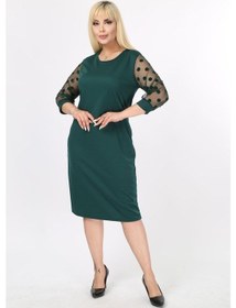 Resim Puanlı Flok Kol Büyük Beden Elbise 9B-2141 Yeşil 