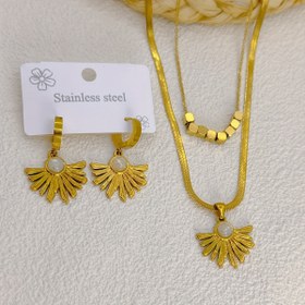 Resim Paslanmaz Çelik Abartılı Dokulu Ayçiçeği Kolye ve Küpe Takımı, Kadın Moda Aksesuarı, Ayarlanabilir Kare İmitasyon İnci Takı Seti 