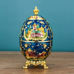 Resim 1 adet Kalesi Taç Diş Kürdan Kutusu - Basınç Üstü Çift Katmanlı Diş Kürdan Tutucu Canlı Mavi ve Altın Emaye Tasarımı ile Süslü Altın Vurguları - Zarif Mutfak ve Yemek Dekoru, Parti Aksesuarı, Benzersiz Hediye Fikri, Zarif Hediye Öğesi | Dekoratif Diş Kürdan Tutucu | Altın Vurgulu Kapak 