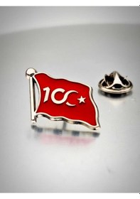Resim Yörük Tasarım 100. Yıl İhtişamı Bayrak Yaka Rozeti Krom Kaplama Gümüş 