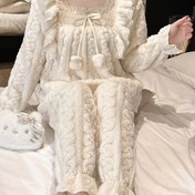 Resim Kadınlar İçin Kışlık Yeni Flanel Buğday Samanı Pijama Takımı - Kalınlaştırılmış Tatlı Prenses Tarzı Şirin Ev Giyimi 