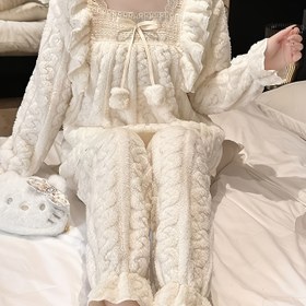 Resim Kadınlar İçin Kışlık Yeni Flanel Buğday Samanı Pijama Takımı - Kalınlaştırılmış Tatlı Prenses Tarzı Şirin Ev Giyimi 