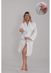 Resim Güvenal Valentis Desenli İşlemeli Kutulu Kadın Erkek Pamuk Bornoz Sabahlık Seti Çeyiz Hediyelik 2 Gri 