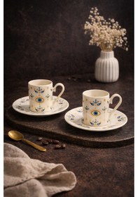 Resim 2 Kişilik Porselen Nazar Göz Kahve Fincan Takımı Seti 90ml Beyaz 