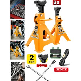 Resim Deko Turkey 2000KG Kapasiteli 4 Ayaklı Kriko Standı 2x Çift Kriko Sehpası Araç Kriko + 4'lü Bijon El Feneri 