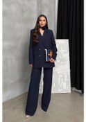 Resim Kadın İkili Blazer Ceket Pantolon Takım Aksesuar Ve Düğme Detaylı Bol Paça Lacivert 