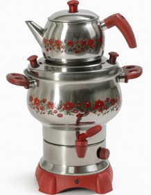 Resim Armağan Çay Semaveri & Çay Makinesi - Kırmızı Aksam - Renkli Lazer Desen - 3,5 Litre Su Haznesi 