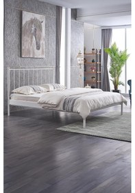 Resim Falez-st Çift Kişilik Metal Karyola-beyaz Yüksek Başlıklı Ahşap Latalı 