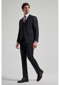 Resim İmza Koyu Lacivert Çizgili Desen 2 Düğme Classic Esnek Slim Fit Takım Elbise 1001250158 Koyu Lacivert 