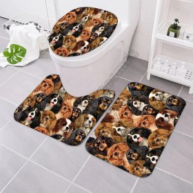 Resim DouranShop No.7 Tarzı Bir Demet Cavalier King Charles Spaniels Banyo Paspas Seti Üç Parçalı Set 3D Baskılı Kapak Tuvalet Kapağı Banyo Paspas Seti (Yurt Dışından) 