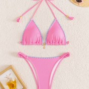 Resim Kadınlar için Chic 2025 Yeni Tarz Seksi Halter Boyun Bikini Seti - Düz Renk, Yüksek Esneklikli Kumaş, Bağcıklı Detay, Kolsuz, Kemer Olmadan, Yüzme ve Plaj Giyimi için İdeal, Plaj Kıyafeti| Bağcıklı Detay| Yüksek Esneklikli Kumaş 