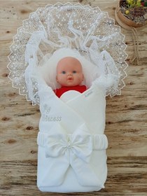 Resim Mevlütlük Dantelli Bebek Kundağı Unisex Bebek Dış Kundak Battaniyesi Hastane Çıkışı Yenidoğan Kundak Ekru 
