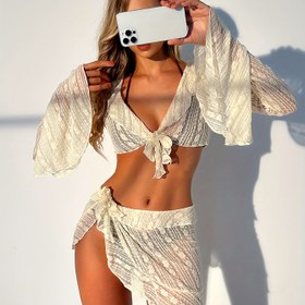 Resim 2025 Yeni Yaz Plaj Üçgen Kupu Geri Döndürme Bikini Seti ve Çan Kollu Kapak Seti 