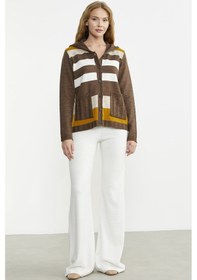 Resim Renk Bloklu Yünlü Düğmeli Triko Ceket - Sütlü Kahve 001 