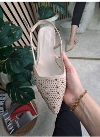 Resim Günlük Kadın Abiye Kalın Kısa Topuklu Taşlı Ayarlanabilir Tokalı Sivri Burun Babet Ayakkabı 458 Bej Altın Taş 