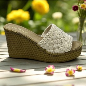 Resim 2503 10.5 Cm Dolgu Topuklu Kadın Terlik Ayakkabı Düğün Nişan Abiye Kadın Ayakkabısı Bej 