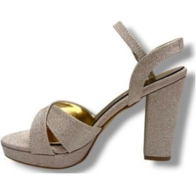 Resim Erbay 308-26 Simli Saten Çapraz Bant Kalın Topuk Kadın Sandalet 11cm Altın 