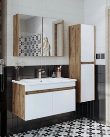 Resim RoomArt Lavabolu Atlantik-Beyaz Mat Mdf 85 Cm Banyo Alt Dolap + Aynalı Üst Dolap + Boy Dolap 
