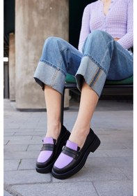 Resim Marissa Siyah/Lila Hakiki Deri Kadın Loafer - 36 