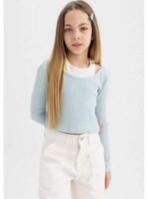 Resim Defacto Kız Çocuk Slim Fit Dar Kesim Bisiklet Yaka Fitilli Kaşkorse Uzun Kollu Tişört B7388A824SPBE506 Mavi 