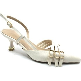 Resim Feles Şeker Topuklu Üç Toka Detaylı Arkası Açık Stiletto Kadın Kısa Topuklu Ayakkabı Ten 