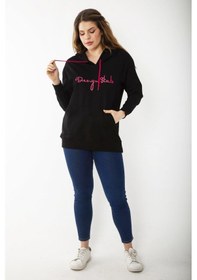 Resim Kadın Büyük Beden Siyah Kapşonlu Kanguru Cepli Sweatshirt 65n37197-siyah Siyah 