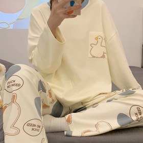 Resim Küçük Ördek Baskılı Kadın Pijama Takımı - Sonbahar/Kış Stili, Yuvarlak Yaka Uzun Kollu Eşofman Elbise, Rahat İki Parçalı Ev Giyimi 