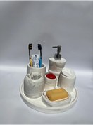 Resim Genel Markalar Mermer Desenli Çoklu Banyo Seti Sıvı Sabunluk,kulak Çubukluk,diş Fırçalık,pamukluk,katı Sabunluk 