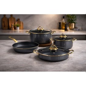 Resim Bonera Elagance Serisi Titanyum Emaye 7 Parça Tencere Takımı 18-24 Cm Derin Tencere 26 Cm Pilav Tenceresi & Tava-368 Metalik 