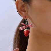 Resim 1 Çift Y2K Sevimli Meyve Küpeleri, Plaid Bowknot Simülasyonu Üç Boyutlu Çilek Küpeleri, Reçine Malzeme, Alaşım Küpe Postu, Sevgililer Günü Hediyesi 