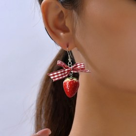 Resim 1 Çift Y2K Sevimli Meyve Küpeleri, Plaid Bowknot Simülasyonu Üç Boyutlu Çilek Küpeleri, Reçine Malzeme, Alaşım Küpe Postu, Sevgililer Günü Hediyesi 