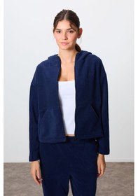 Resim Tommy Life Lacivert Kalın Yumuşak Dokulu Kapüşonlu Oversize Nakışlı Polar Kadın Eşofman Takım -95338 Lacivert 
