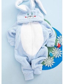 Resim Erkek Bebek Çocuk Welsoft Peluş Tavşan Kulaklı Kışlık Tulum Mavi 