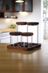 Resim Vakum Kapaklı Cam Kavanoz Seti-akasya Standlı 4'lü Mutfak Organizeri Baharatlık Şeffaf 